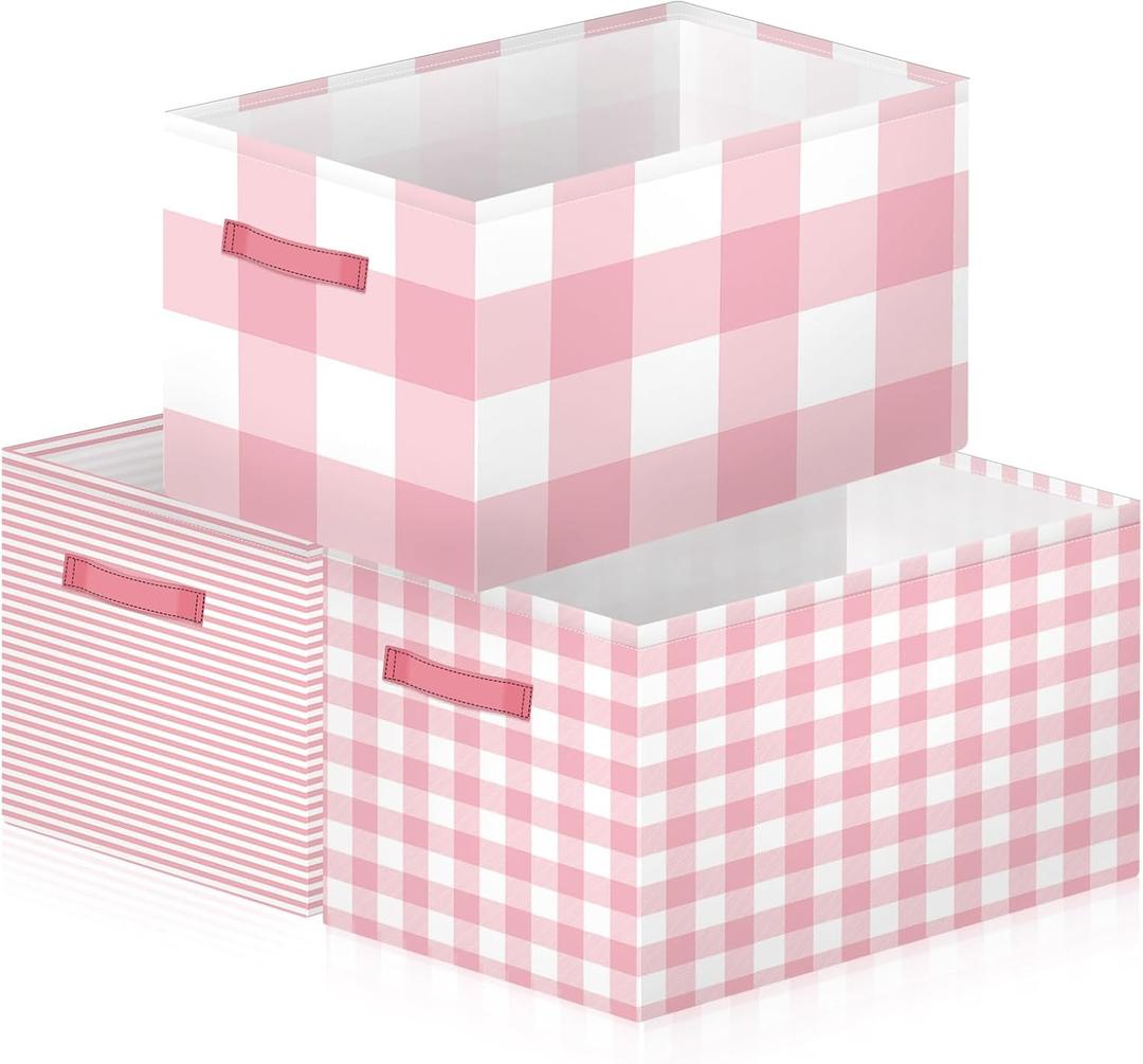 Boao 3 Pack Pink Checkered Storage Bins, Large Collapsible Canvas Baskets with Handles, Empty Decorative Holiday Gift Baskets for Christmas Home Organization, Bedroom, Closet, Shelves, Nursery Decor
