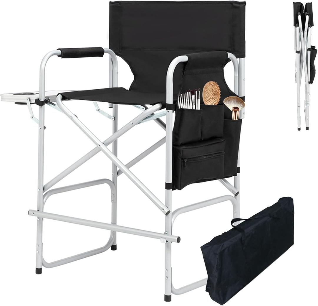 Makeup Chair for Makeup Artist 41'',Tall Directors Chairs Foldable with Side Table Cup Holder Storage Bag and Footrest, Folding Chair Makeup Chair for Clients 400lbs Capacity, without Mesh Bags