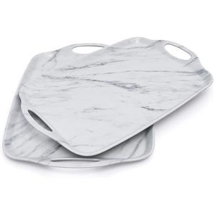 TP Large Serving Trays with Handles, 19" x 12" Melamine Serving Platters for Food, Turkey, Set of 2 Rectangular Trays for Party, White Marble