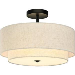 3 Light Semi Flush Mount Ceiling Light Fixture 15.7 Inch Modern Black Drum Ceiling Light Fixture with 2-Layer Fabric Shade Dimmable Close to Ceiling Light for Living Room Hallway Bedroom Entryway, 16 Inch