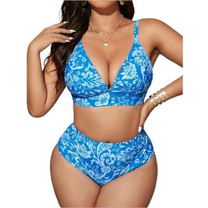 Floerns Women's Plus Size 2 Piece Swimsuits Floral Triangle High Waist Bathing Suit Blue 3XLarge Plus