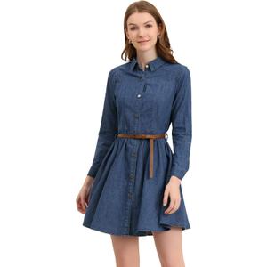 Allegra K Denim Dress for Women's Long Sleeve Belted Flared Above Knee Shirt Dress (Blue) S