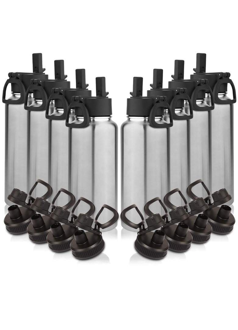 Insulated Water Bottles Bulk 8 Pack with Straw Lid & Spout Lid,Stainless Steel Sports Water Bottle,Double Wall Vacuum Cups,Leakproof Wide Mouth Metal Flask for Travel(Silver,8)Amazon's Choice
