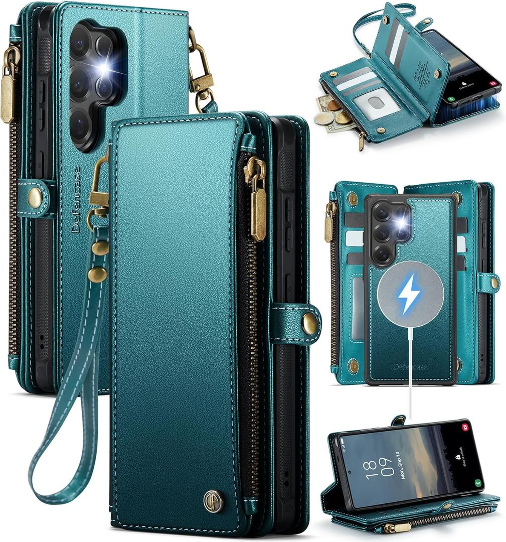 Defencase for Samsung Galaxy S25 Ultra Magnetic Wallet Case Compatible with Magsafe with RFID Blocking Zipper & Card Holder Women, PU Leather Detachable Phone Case for Galaxy S25 Ultra 6.9, Blue Green