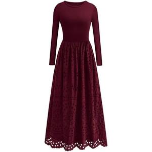 dowerme Women Fall Dresses 2025 Casual Long Sleeve Crewneck A-Line Boho Eyelet Cotton Maxi Wedding Guest Dress Pockets, Size Medium