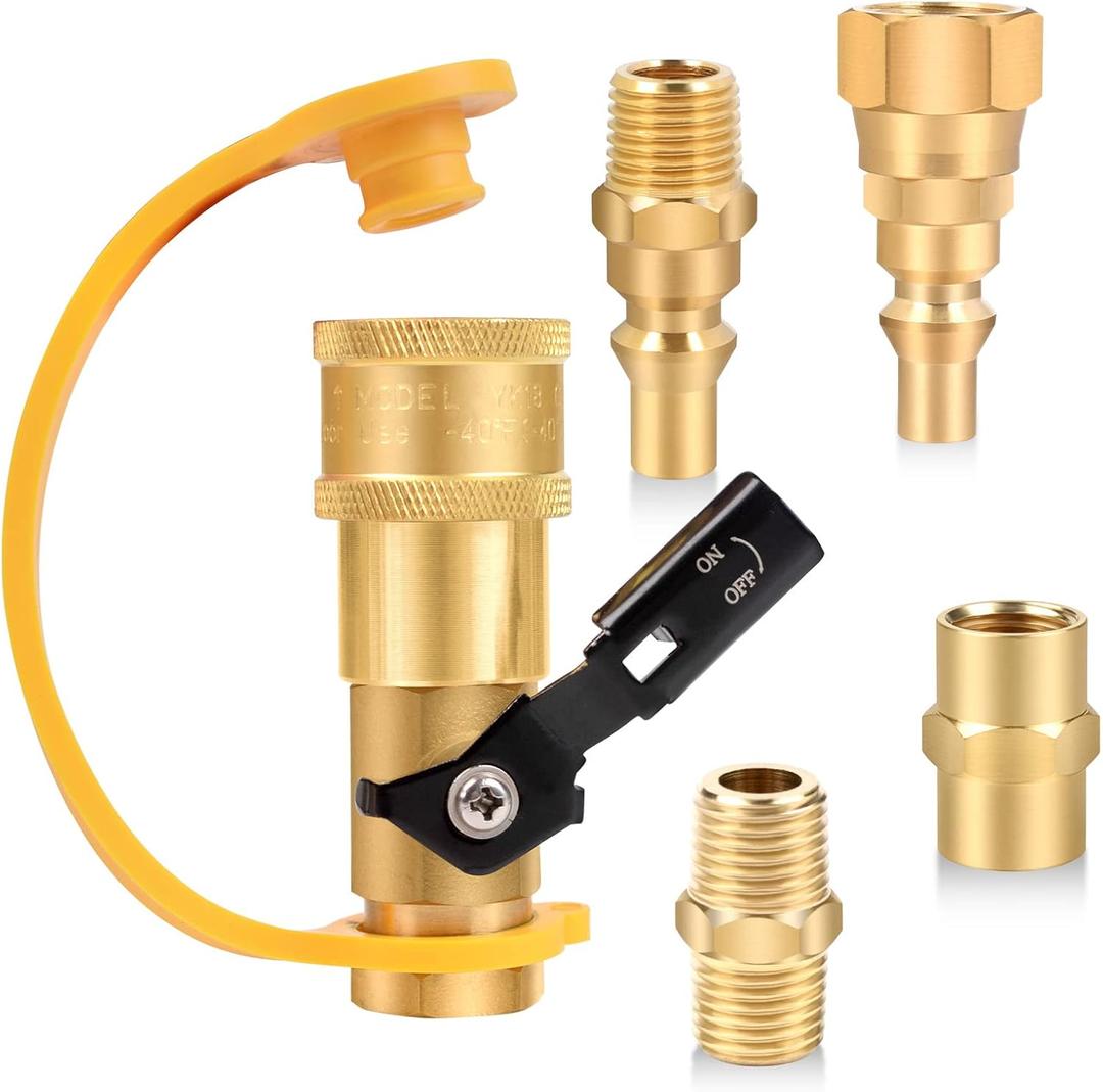 1/4" RV Propane Quick Connect Adapter for Propane Hose, Quick Connect Disconnect Kit Fitting Shutoff Valve with Full Flow Plug 1/4" Male Female NPT and with 3/8" Female Flare Conver for RV,Trailer,BBQ
