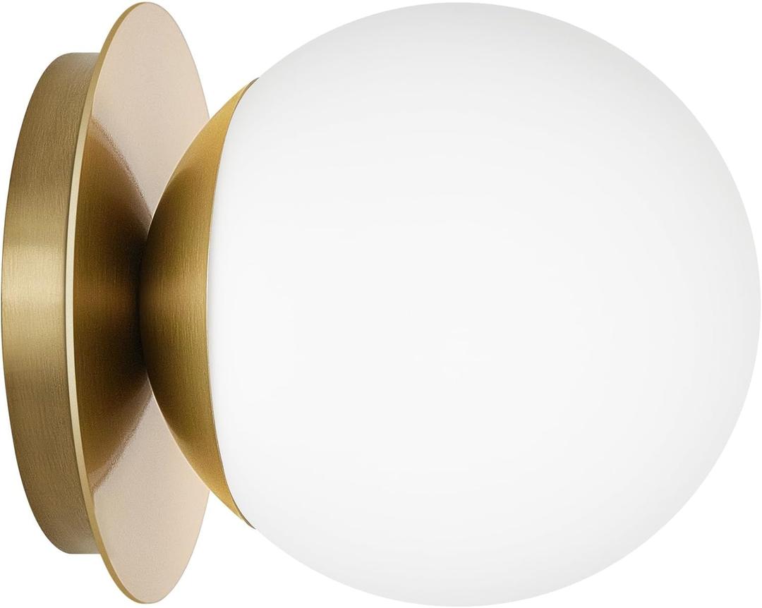 1 Pack Gold Wall Sconce, Modern Bathroom Sconce with Milky Globe Glass, Wall Light for Bathroom Mirror, Living Room, Hallway (Bulb Not Included) (6 x 6 inches x 1 pieces)