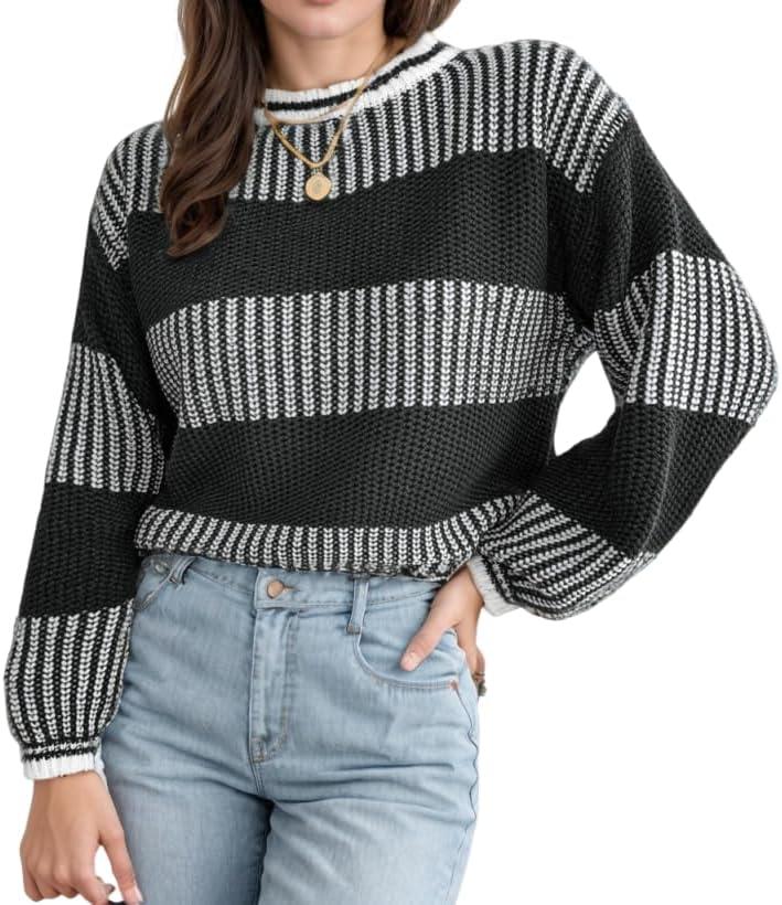 ZAFUL Womens Cropped Sweaters 2025 Crewneck Long Sleeve Knit Striped Color Block Lightweight Pullover Jumper Tops(S-Black, L) (Black, L)