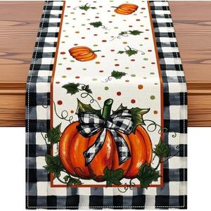 Pack of 3 Artscope Pumpkin Bow Buffalo Plaid Fall Table Runner,Thanksgiving Holiday Kitchen Dining Table Decoration for Fall Home Decor 13x120 Inch