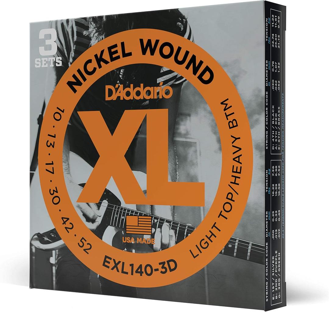 D'Addario Guitar Strings - XL Nickel Electric Guitar Strings - EXL140-3D - Perfect Intonation, Consistent Feel, Reliable Durability - For 6 String Guitars - 10-52 Light Top/Heavy Bottom, 3-Pack