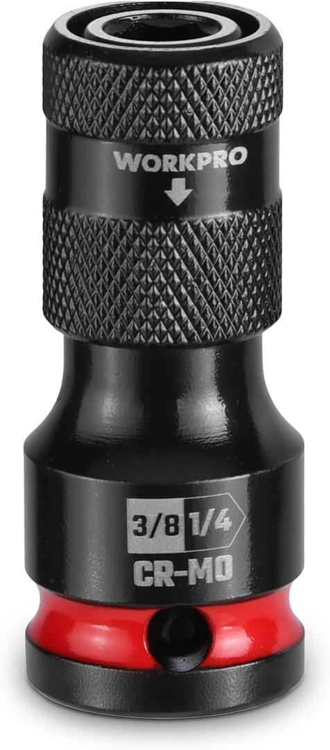 WORKPRO 3/8-inch Square to 1/4-inch Hex Quick Release Impact Socket Adapter and Bit Holder for Ratchet Wrenches, Drivers, Drills - Made from Durable CR-MO Steel