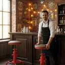 Topower Antique Vintage Industrial Barstool PU Leather Water Pipe Fire Hydrant Design Cafe Coffee Industrial Bar Stool Set of 2 Antique Red