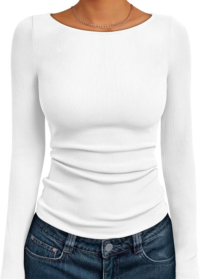 Trendy Queen Womens Long Sleeve Shirts Ribbed Underscrub Tops Boat Neck Basic Tees Fall Fashion Clothes 2025 (White)