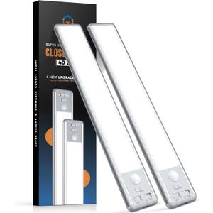 Under Cabinet Lighting, 40 LED Motion Sensor Light Indoor Rechargeable, 1800mAh Closet Lights Battery Operated for Kitchen Cabinets, Shelves, Walls (2 Pack) (6000K Cool White-9.8 inch)