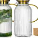 Buaic 2 PACK Glass Pitcher with Lid, 84 oz/ 2.5 Liter Glass Water Carafe | Classic Vertical Stripes Glass Water Jug with Handle,Glass Water Pitcher for Cold Brew, Coffee,Iced Sun Tea,Beverage,Cold/Hot