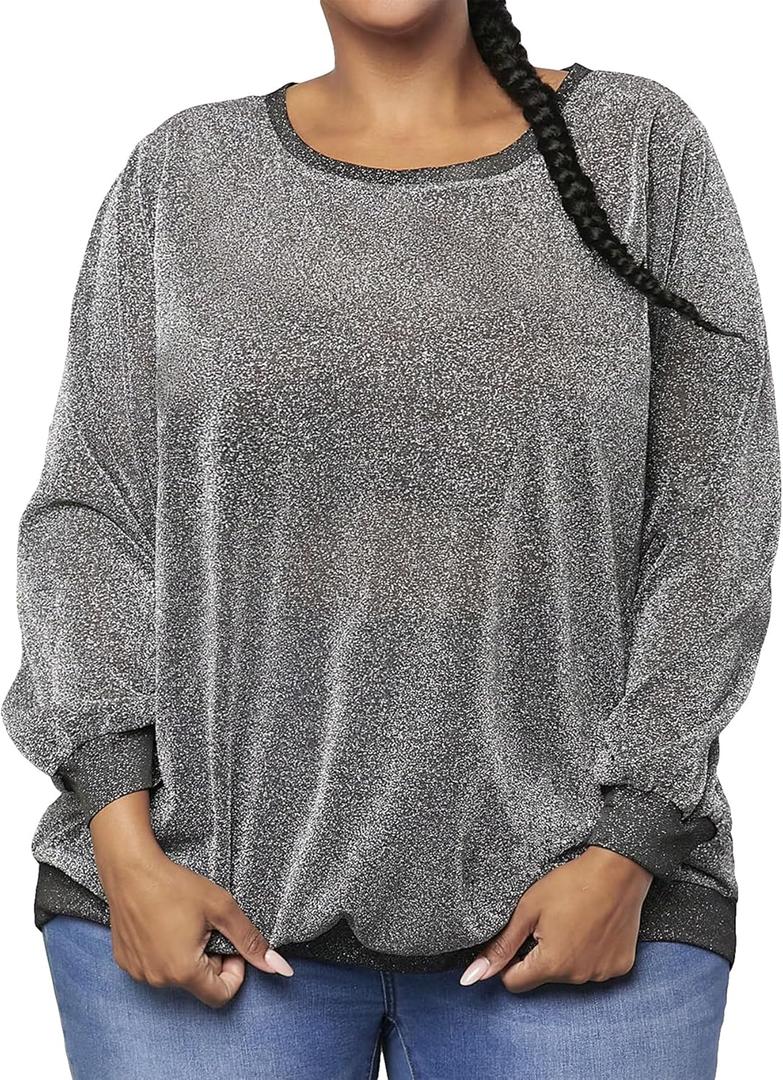 WDIRARA Women's Plus Size Glitter Drop Shoulder Sweatshirt Metallic Round Neck Long Sleeve Party Rave Pullover Tops (Silver)