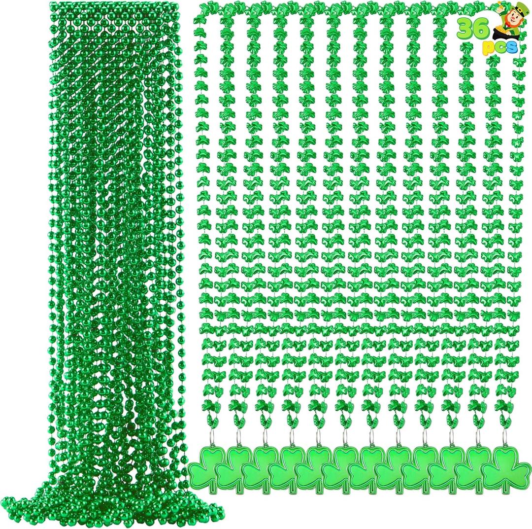 JOYIN 36 Pcs St. Patricks Day Necklaces Set, 18 Bead & 18 Shamrock Bead Necklaces with Pendant, Accessory Set for Party Favor Supply