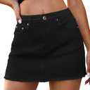 ELLEVEN Denim Skirt Women Mini Low Waist Stretchy Raw Hem Jean Skirt with Pockets (Large, Black)