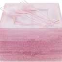 DaYammi 100Pcs Pink Dessert Plates with Forks Including 50Pcs Appetizer Plates,50Pcs Plastic Forks,Glitter Square Plate pink Disposable plates for Wedding,Plastic Cake Plate for Mother's Day Party