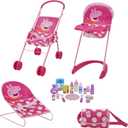 Peppa Pig: 19 Piece Doll Sleep N' Play Set - Pink & White Dots Travel, Feed, Includes Half Folding Stroller, Bouncer, Highchair, Matching Diaper/Handbag, for Kids Ages 3+