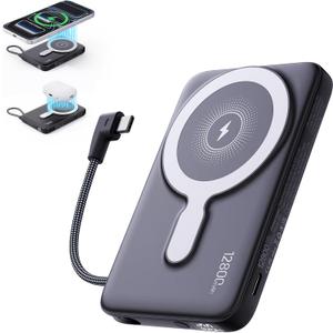 2025 Updated M3 Ultra Slim 0.4'' Wireless Power Bank, 12800mAh Magnetic Portable Charger with Built in Cable and Strap, LED Battery Pack Travel Essentials for iPhone 17/16/15/14/13/12/Pro Max Android (Black)