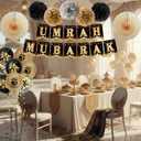 Umrah Mubarak Decorations Party Banner - Black Gold Mubarak Balloons Paper Pom Poms and Cake Topper, Hajj Mubarak Islamic Festival Decor Supplies
