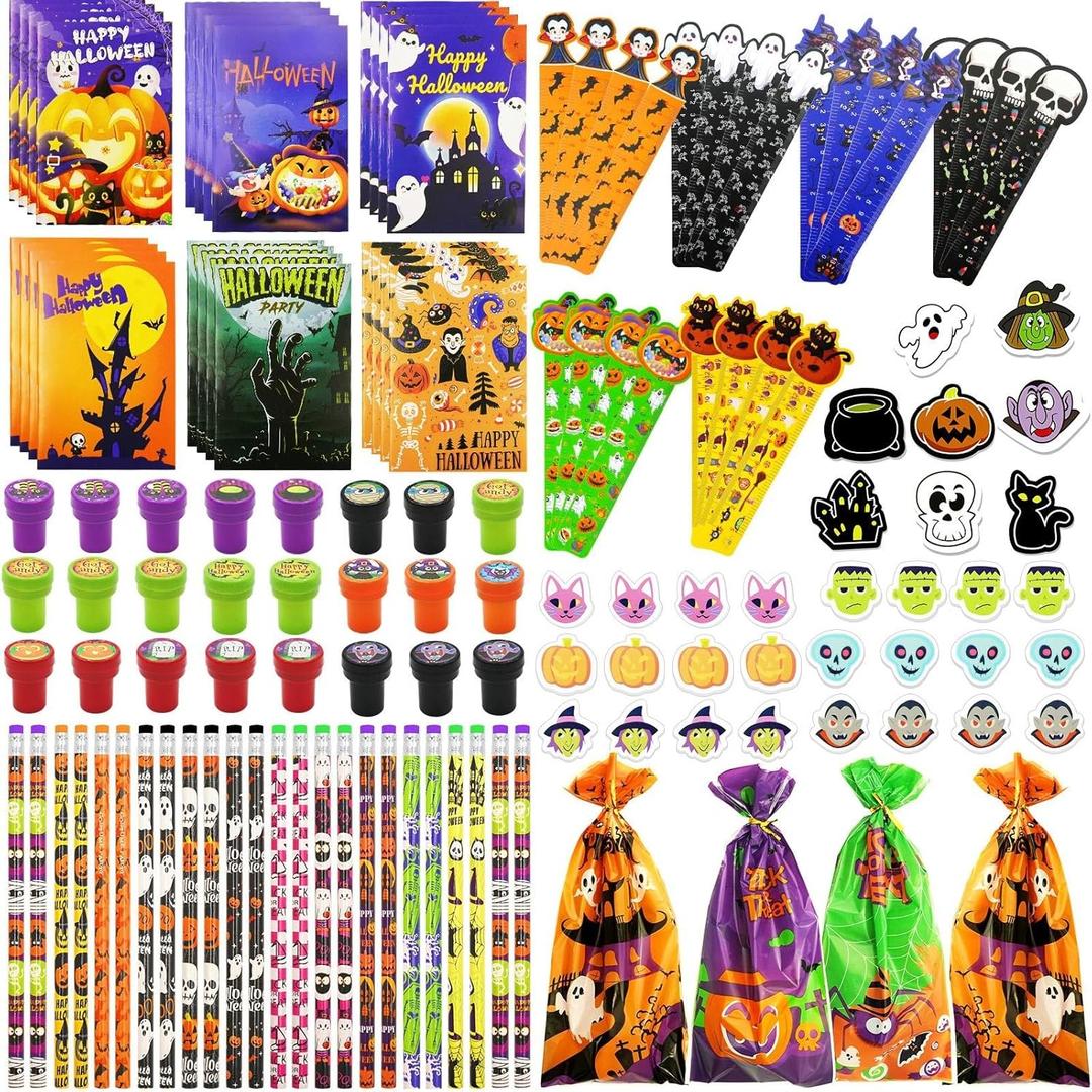 168 PCS Halloween Party Favors for Kids, 24 Pack Halloween Stationery Set for Halloween Party School Classroom Prizes Goodie BagsTrick or Treats Gifts