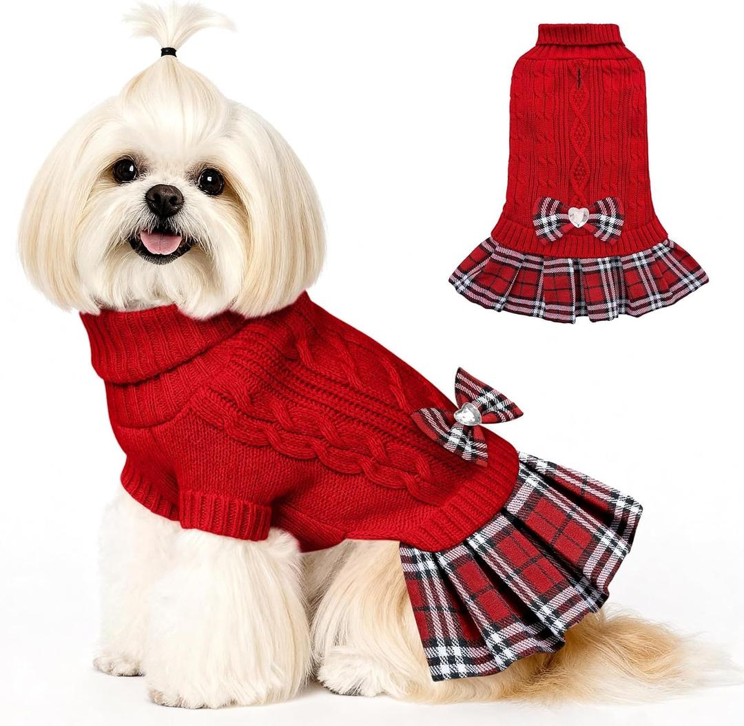 WOYYHO Small Dog Sweater Dress with Bowtie Dogs Clothes Sweater Pleated Skirt with Leash Hole Puppy Winter Outfit Dog Pullover Knitwear Puppy Sweaters for Chihuahua Yorkies Dachshund RED S