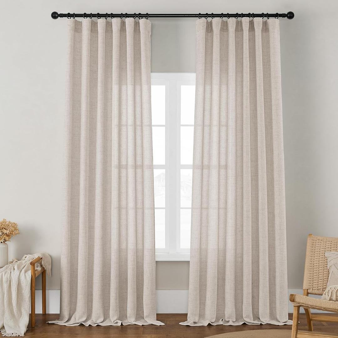 Linen Curtains 108 Inches Long for Bedroom Semi Sheer Flax Burlap Beige Tan Linen Curtains Ceiling to Floor Drapes Rod Pocket Hook Belt for Living Room Guest Room 108 Inch Length Set of 2