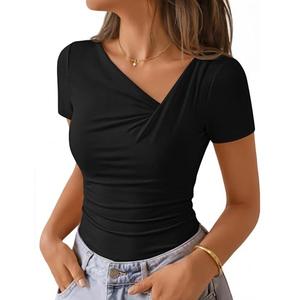 ZESICA Womens Summer Asymmetrical T Shirts Ruched Fitted Y2K Going Out Tops 2026 Spring Fashion Outfits Casual Work Blouse, Black, Small