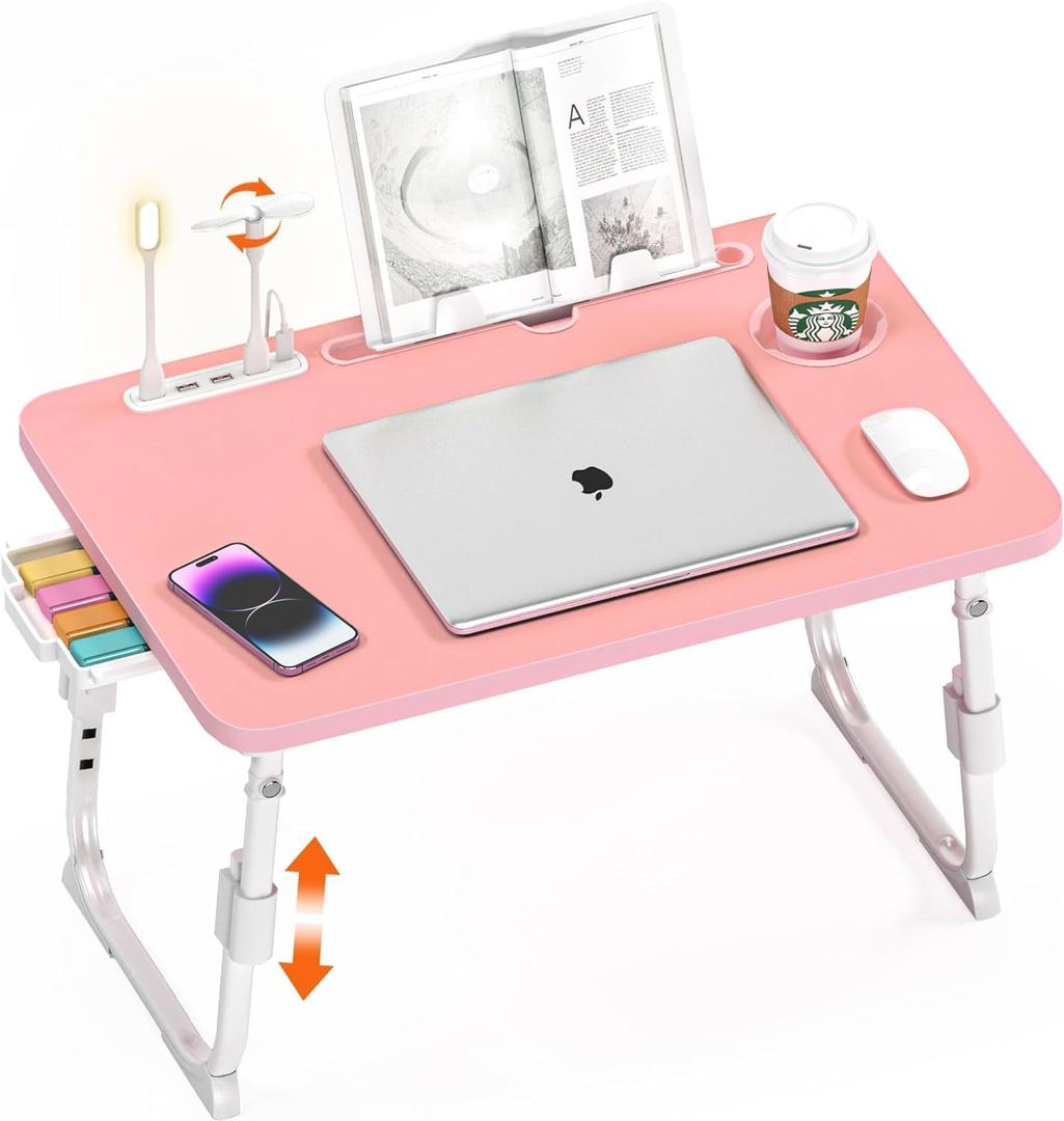 Bed Desk Height Adjustable, Bed Laptop Table with USB/Storage Drawer/Cup Holder/Tablet Stand/Book Shelf, Foldable Breakfast Tray Portable for Reading Writing, Bed, Sofa & Floor, Wood, Pink