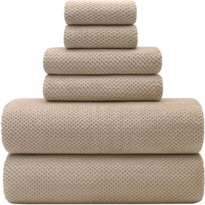 YTYC 29x59 Inch Bath Towels Set of 6 Large, Super Soft Absorbent Lint Free Microfiber Shower Towels for Bathroom 80% Polyester (Beige,6 Piece)