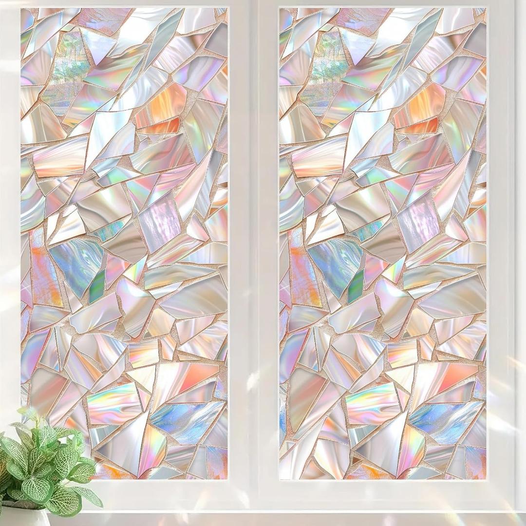 2 x Iridescent Mosaic Stained Glass Window Film Colorful Window Privacy Film Stained Decals Static Cling Sun Blocking Decor for Home Office Windows Doors Glass Partitions 17.7x39.3 inch