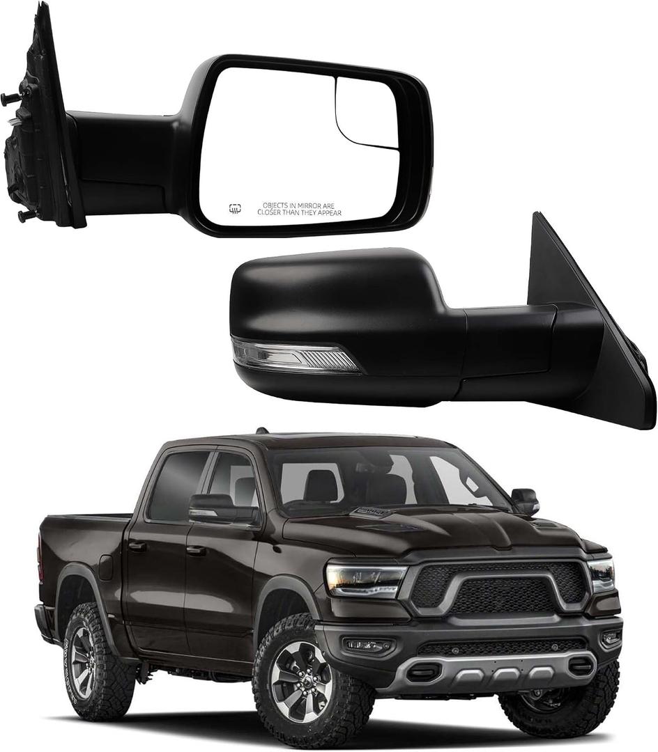 Dasbecan Right Passenger Side Mirror Compatible with 2019-2024 Ram 1500 w/Power Heated Glass/Signal Light/Puddle Light/Blind Spot Mirror/Black Texture/Power Folding (10Pins)