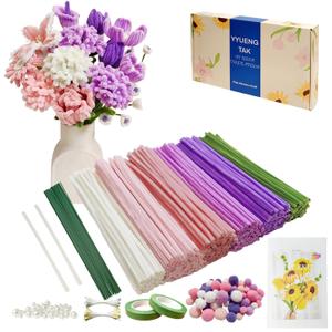 YYUENGTAK 500 Pcs Pink & Purple Pipe Cleaners Flower kit,Chenille Stems for DIY Art Projects Creative Gift,Pipe Cleaners Craft with tutoria,Pearls,Pompoms,Green Floral Wires,Gardening Tape,Stamen