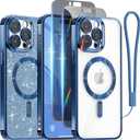 Meifigno Designed for iPhone 15 Pro Max Case with 2X Privacy Screen Protectors, [Glitter Card & Wrist Strap][Compatible with MagSafe] Surround Lens Protection for 15 Pro Max Case 6.7", Deep Blue