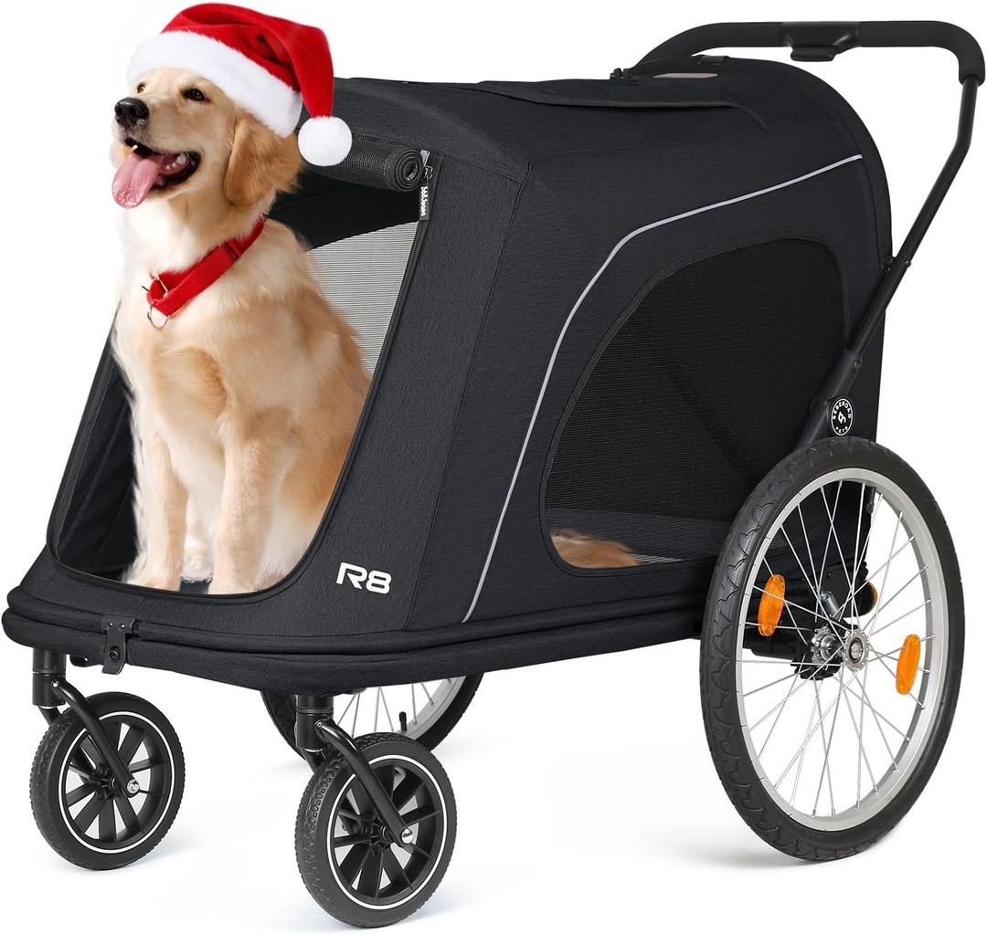 Beberoad Pets R8 Pro Extra Large Foldable Pet Stroller, Dog Stroller & Pet Trailer for Large Dogs Under 100 lbs, Unmovable, Disabled & Pregnant Dogs - Conveniently Carriable by Bike and Car, Black