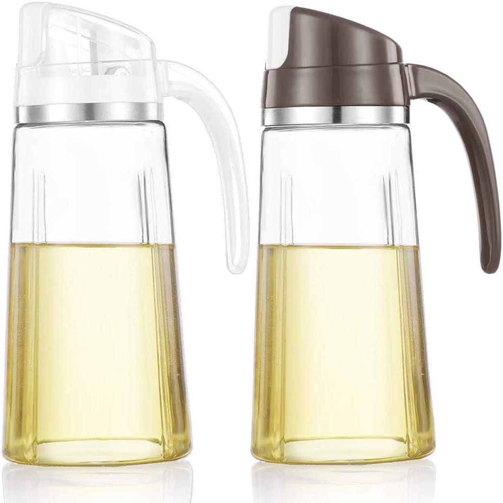 Marbrasse Oil Dispenser for Kitchen,20 OZ /600ml Leakproof Glass Oil Bottle with Auto Flip Cap,Olive Oil Container for Kitchen Cooking(1 Pcs White + 1 Pcs Brown)