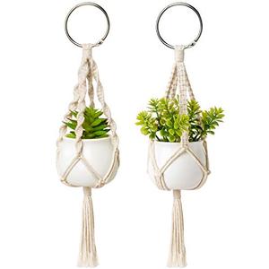 Dahey Mini Macrame Plant Car Accessories Rear View Mirrior Charm Cute Hanging Rearview Car Decor Boho Small Hanger with Artificial Succulent Plants for Plant Lover, 2 Pcs, 10.5 inch, White