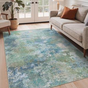 GENIMO 3x5 Rugs for Entryway Entrance, Modern Lightweight Rug Ultra Soft Indoor Area Rugs 3x5 for Living Room Bedroom Kitchen, Low Pile Carpet with Non Slip Backing, Blue Green