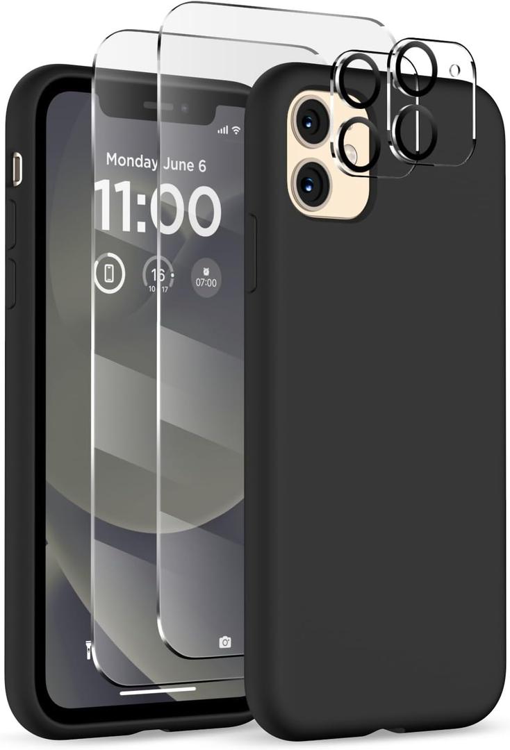 for iPhone 11 Phone Case, [2X Screen Protector + 2X Camera Protector], Liquid Silicone Ultra Slim Shockproof Protective Cover, Soft Microfiber Lining with iPhone 11 Case 6.1", Black