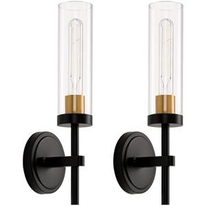 Black and Gold Hardwired Wall Sconces Set of 2, Modern Bathroom Vanity Sconces Wall Lighting with Clear Glass Shade, Farmhouse Wall Mount Lights for Mirror Bedroom Living Room Hallway Kitchen