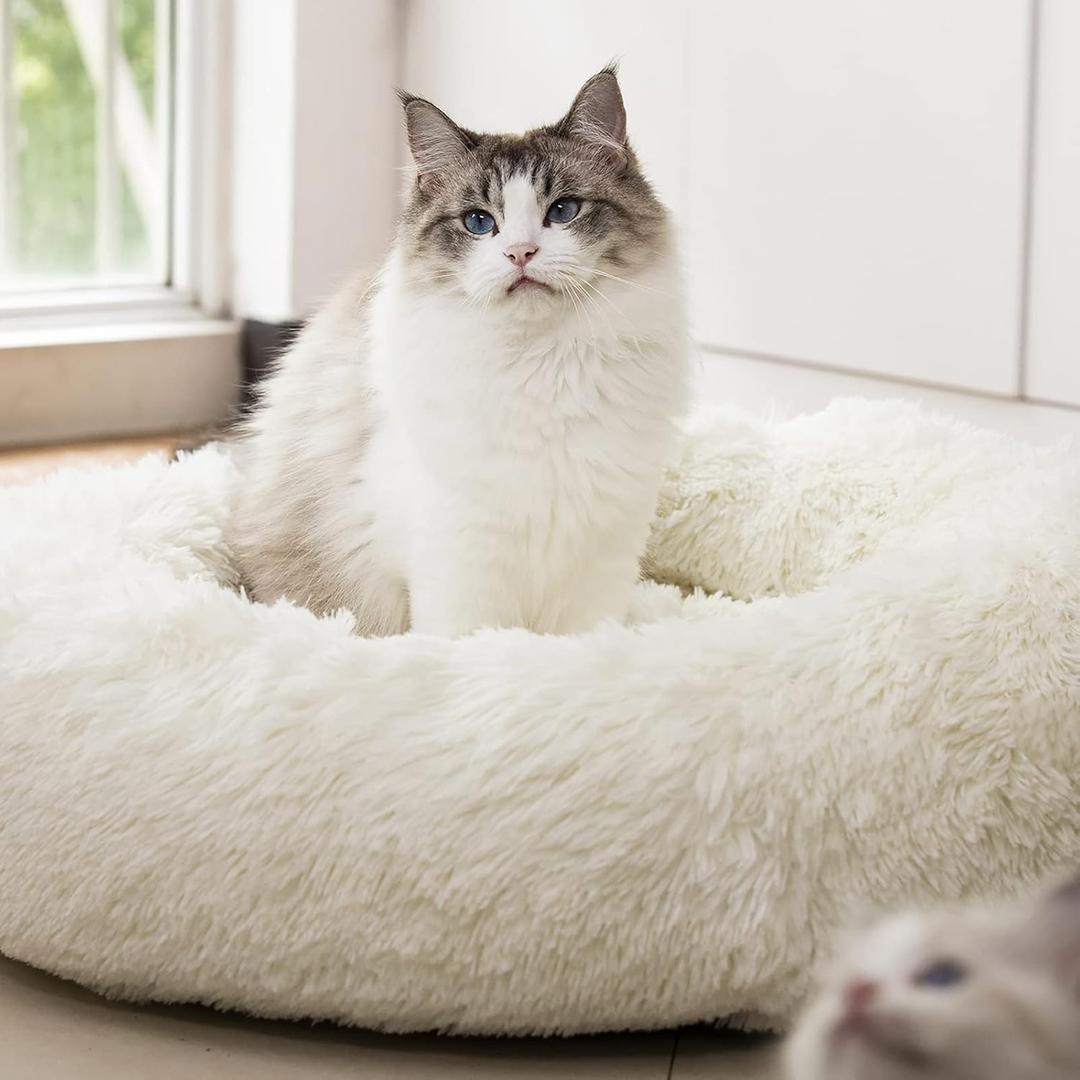 Anti Anxiety Round Fluffy Plush Faux Fur Warm Washable Dog Bed & Cat Bed, Original Bed for Small Medium Large Pets,Used to Relieve Joints and Improve Sleep 20" (20", White)
