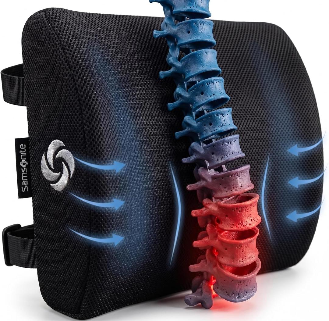 Samsonite Lumbar Support Pillow for Office Chair, Lower Back Support for Car, Back Pillow Desk Chair Cushion with Memory Foam, Improved Posture Backrest, Standard