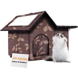 Large Outdoor Cat House Weatherproof, Houses for Outdoor Cats Feral, Collapsible Outside Cat House with Windproof Door, DIY Cardboard and Soft Mat, Insulated Stable Stray Cats Shelter in Winter (17" x 13" x 15", Maple Brown)