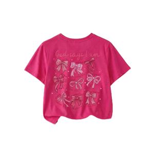 SOLY HUX Girl's Summer Short Sleeve Bow Graphic Tee Shirts Hot Pink (Pink)