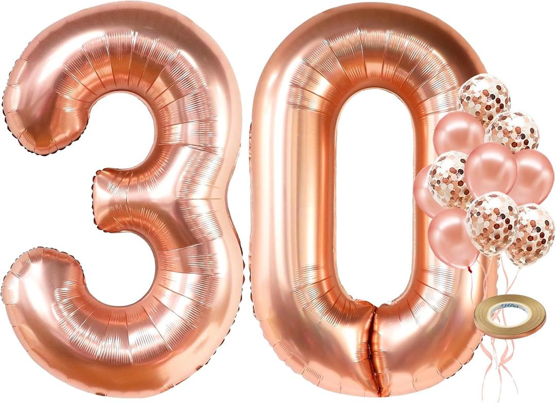 KatchOn, Rose Gold 30 Balloon Numbers Set - Giant, 40 Inch | Rose Gold 30 Balloons With Confetti Balloons | 30th Birthday Decorations for Women | Number Balloons for Happy Anniversary Decorations