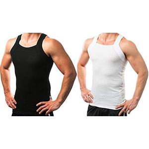 Different Touch 2 Pack Men's Tank Tops Square Cut Muscle Rib A-Shirts (Black & White) Medium
