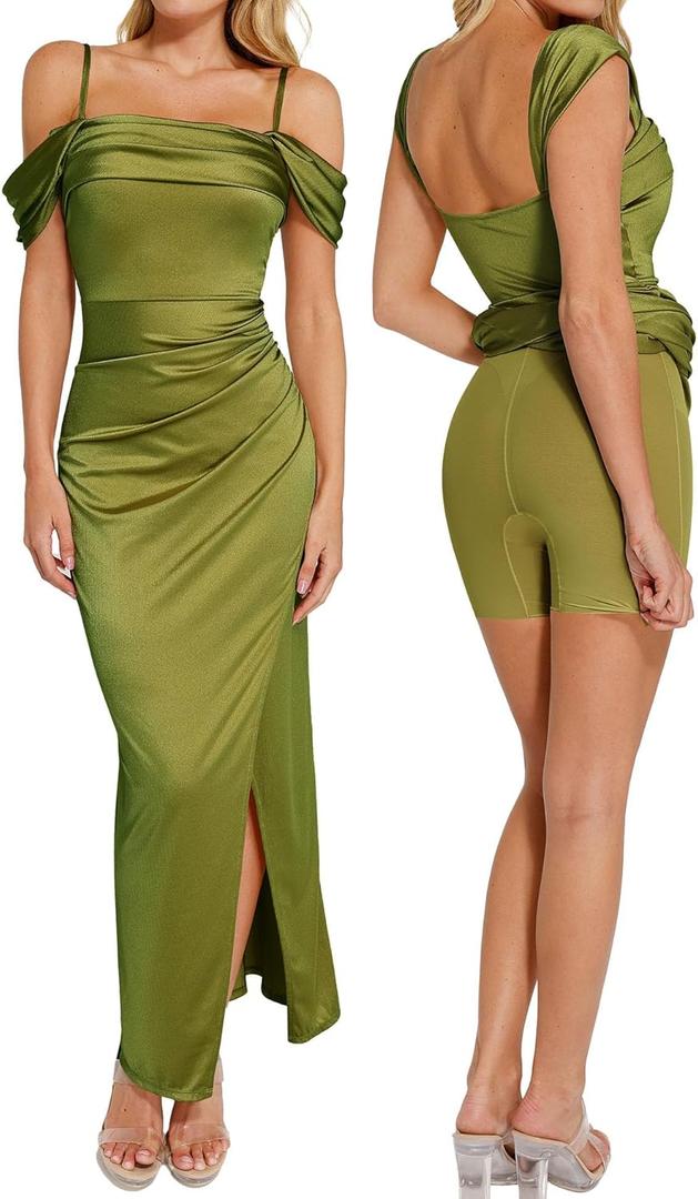 Popilush Womens Shapewear Maxi Dress Multi Way Wear Off The Shoulder Bodycon Long Cocktail Formal Dresses (Green, L)