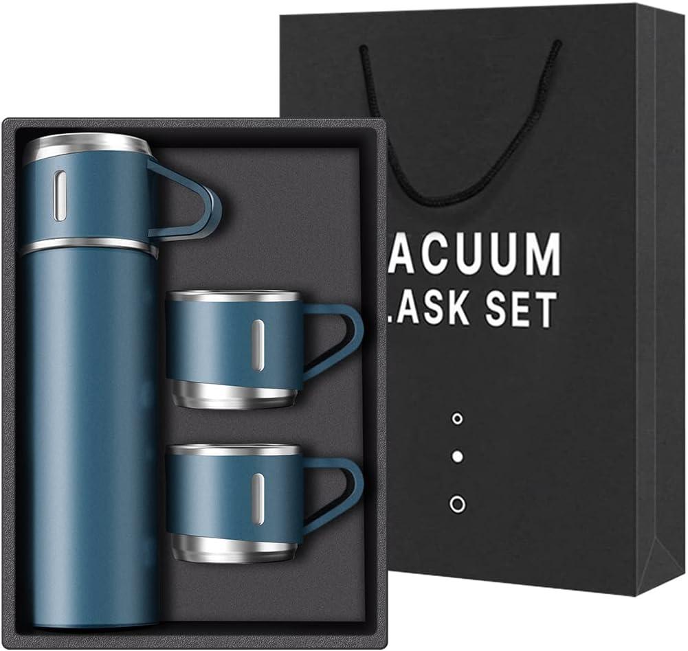 Coffee Thermo Bottle -Vacuum-Insulated Stainless Steel Travel Mug, 16oz Insulated Bottle with Cup for Hot & Cold Drink Travel Mug(Blue, Three Cup) (16.9 Ounces)